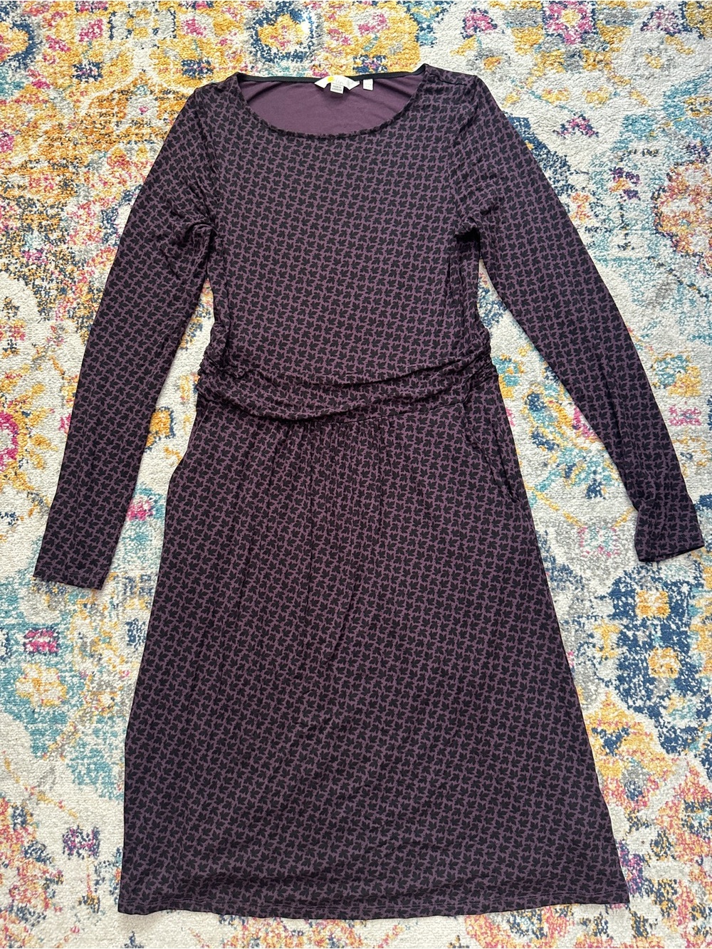 Boden Abigail Jersey Dress US 8 R Purple Leaf Print Long Sleeve Pockets J0493